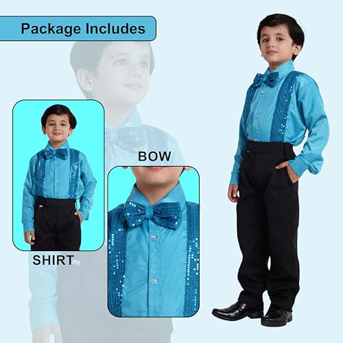 Image of Kaku Fancy Dresses Dance Costume Shinning Shirt With Bow Tie for Kids | Sequin Work School Annual Function & Theme Party's Shirt for Boys (ONLY SHIRT)