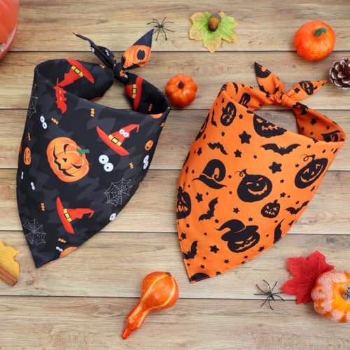 Vivifying Halloween Halstuch Hund, 2Pcs Einstellbare Dreieck Hundehalstuch mit Hexe Kürbis-Muster, Hundekostüm Halloween für kleine mittlere große Hunde