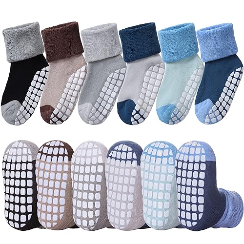 Image of LANLEO Baby Girls Boys Non Slip Socks with Grips Toddler Kids Unisex Warm Thick Cotton Ankle Crew Socks with Grippers