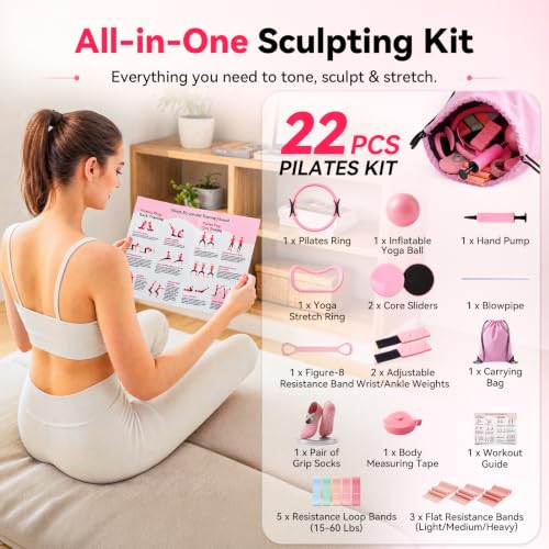 POVAVCX 24 PCS At Home Pilates Kit for Women, Pilates Equipment with 14.5" Pilates Ring and Ball, Ankle Weights, Bands, Slider, Stretch Ring, Grip Socks, Pilates Set Essentials for Starter Workouts - image 8