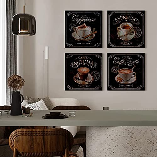 Coffee Wall Art Kitchen Coffee Bar Wall Decor Vintage Black Cafe Canvas Pictures For Dining Room Home Decor Modern Family Coffee Decorations Coffee Sign Painting Restaurant Accessories 12X12" 4 Piece #TOP5