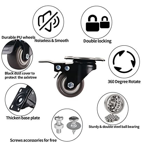 Gcfoir GF2220 1.5 Inch Casters Set Of 8 Heavy-Duty Industrial Caster Wheels With Brake Pu No Noise Wheels With Double Locking And Double Ball Bearing Swivel Locking Casters For Workbench, Furniture, Plate Castors Grey thumb #1