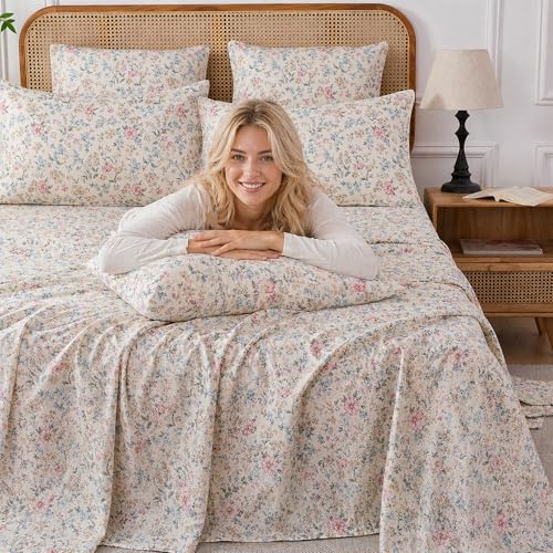 Image of FADFAY Muslin Cotton Floral Sheet Set King Size, Soft Breathable Lightweight Spring Summer Bedding Set with Fitted Sheet, Flat Sheet & Pillowcases, Multicolor Botanical Sheets