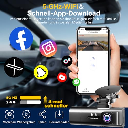 3-Kanal Dashcam Auto 4K+1080P+1080P Vorne Innen Hinten, 3,16" IPS Bildschirm, 5G WLAN mit 64GB SD-Karte, Nachtsicht, G-Sensor, Loop-Aufnahme, 170°-Weitwinkel, 24H Parküberwachung 5