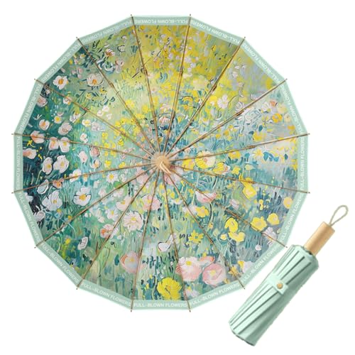 PJxtal 16 Ribs 3 Folding Manual Open Umbrella Windproof Travel Rain Gear UV Protection Art Sunshade Sturdy Waterproof Canopy Portable Folding Parasol (Vivid Garden)