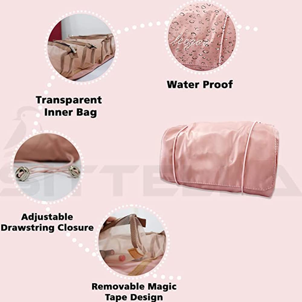 OMAZING KITCHEN 4 in 1 Foldable Hanging Roll Up Makeup Toiletry Bag for Travel Organizer Cosmetic Storage for Women (Pink) 3