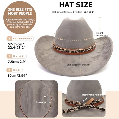 Image of Classic Suede Cowboy Hat for Adult Wide Brim Western Cowgirl Hat Women Fedora Hat with Leopard Print Hatband