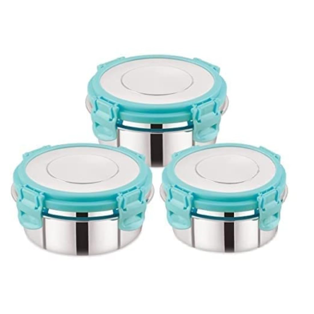 Leak Proof Click And Seal Lock Stainless Steel Storage/Air Tight Tiffin Container/Lunch Container With Steel Lid Fusion (150+250+350 Ml) - Multicolor