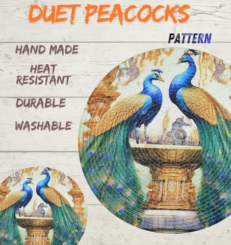 Image of LaVichitra Cotton Table Placemat | Dining Table Mat | Bed Side Table Mat | Cotton Round Shape Placemats | Washable PlaceMat for Shelves & Plant Pots - Pack of 1, Duet Peacocks
