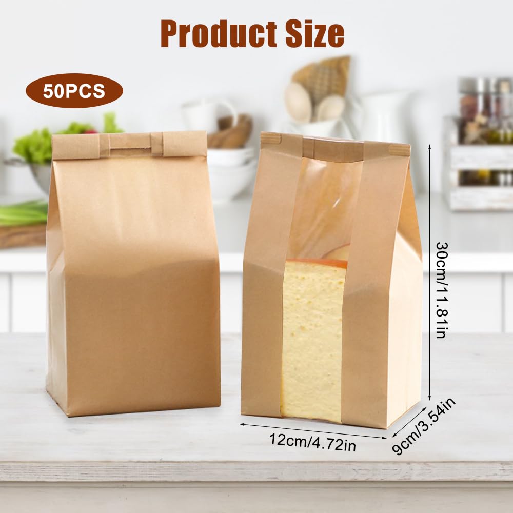 50 Stück Papiertüten mit Fenster, Brottüten Braun, Brottüten Papier Groß, Brotpapiertüten für Lebensmittelverpackungen für Hausgemachtes Brot, Sauerteig, Laib, Kekse, Geschenke (12 x 9 x 30 cm)