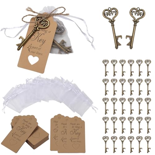NAHUAA 30 peças chave abre-garrafas de casamento abridor garrafas de unhas com etiquetas casamento e bolsas de organza para Natal festa comunhão confirmação