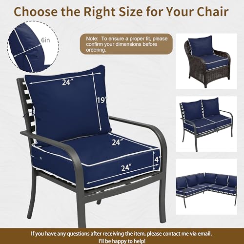 Image of 24x24 Outdoor Chair Cushions Set of 2, Waterproof Deep Seat Cushions for Patio Furniture with Removable Cover, Fade Resistant 4'' Outdoor Seat Cushion with Ties Handle for Sofa Couch,Navy White Piping
