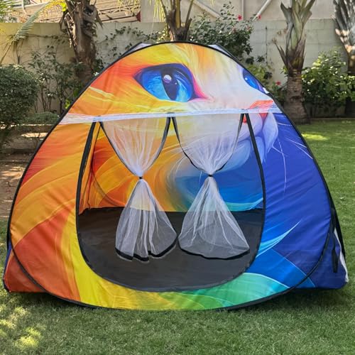 Image of Foldable Play Tent House Big Size for Girl Boys with Cat Theme Pop-Up Indoor & Outdoor Playhouse for Girls Boys| Multi Purpose Tent with Fun Patterns Easy Setup & Portable (Cat Orange)