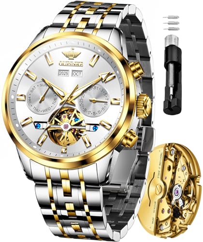 Image of OLEVS Men Self Winding Watch Skeleton Mechanical Classic Luxury Relojes para Hombres Automaticos Silver Calendar Stainless Steel Waterproof Wrist Watches for Man