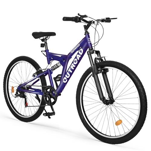 Max4out 26 inch Mountain Bike, Outdoor Hybrid Bikes,7-Speed/High-Carbon Steel/Dual Full Suspension, for Men Women Adult, MTB Bicycle with Suspension Fork,Sleek Colors(Purple)