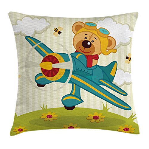 Lunarable Cartoon Throw Pillow Cushion Cover, Teddy Bear Flying on Airplane in Clouds on Floral Field Design, Decorative Square Accent Pillow Case, 26