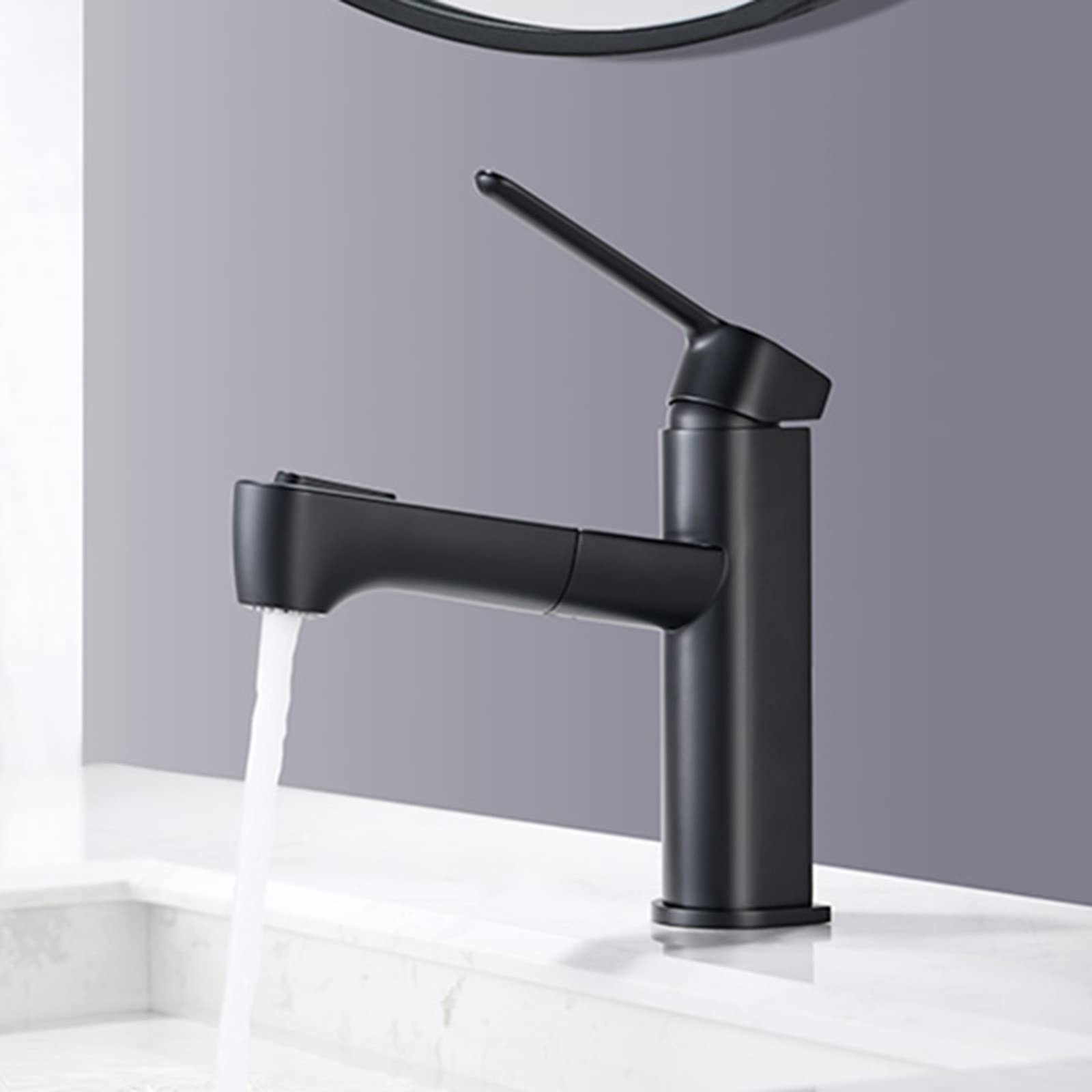 VDOQTLJT Bathroom Sink Faucet with Pull Out Spray Single Hole Brass Hot and Cold Multifunction Faucets-Black(Nero)