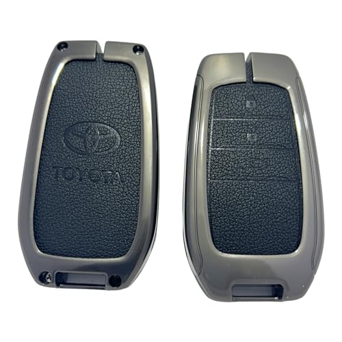 Image of Zinc Metal Alloy Leather Car Key Cover & Case Black with Keychain & Holder Compatible for Toyota Fortuner, Legender, Innova Crysta, HyCross, Land Cruiser, Hilux (3 Button Push Smart Key)
