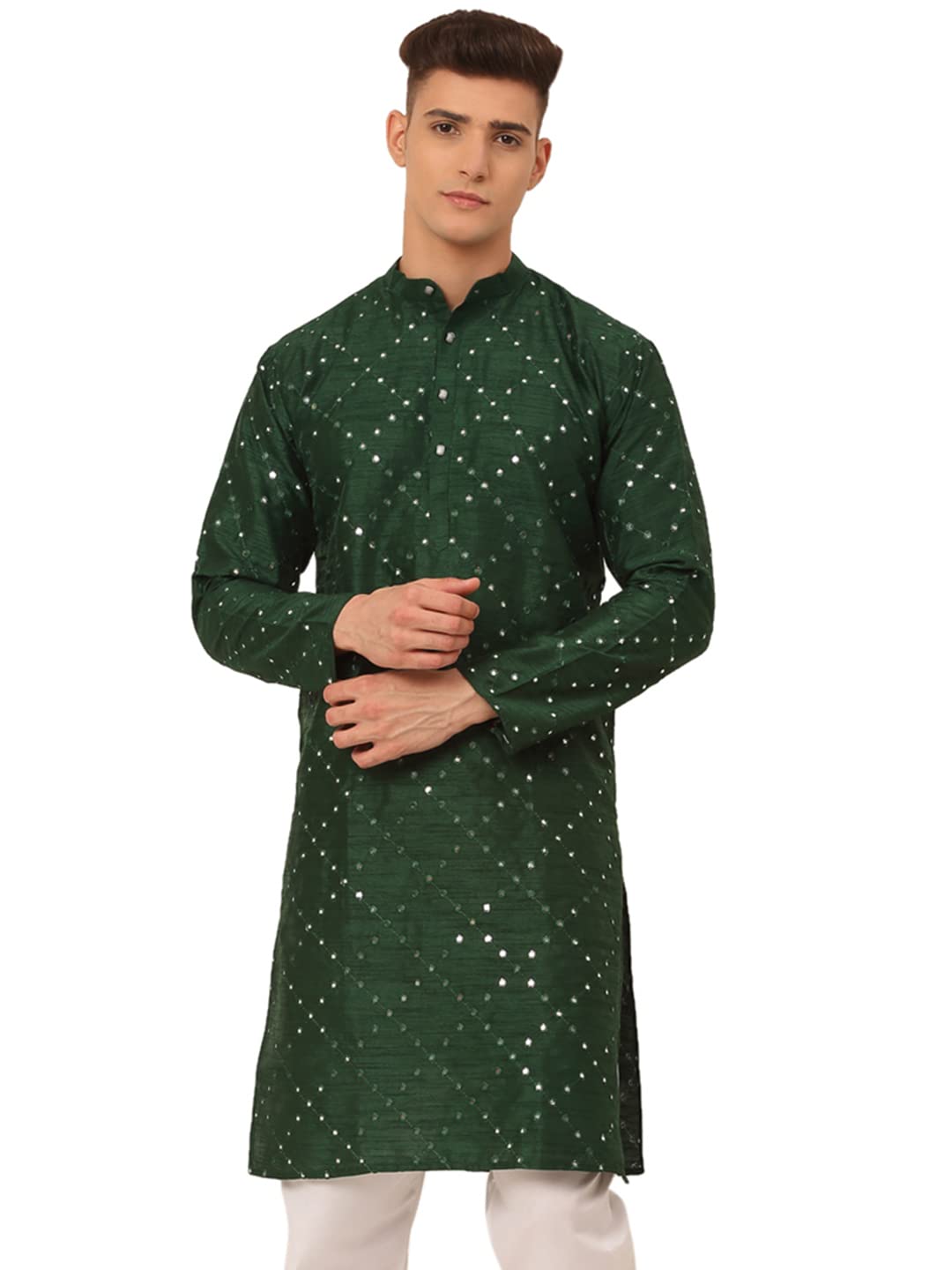 Jompers Men's Dupion Silk Embroidered Kurta Only (Green,Xl)