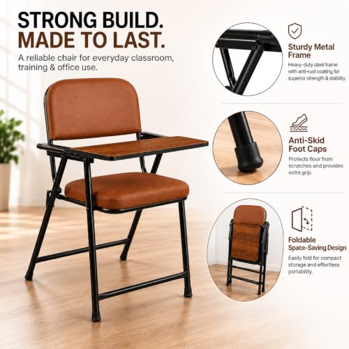 Image of Cushioned Study Chair with Writing Pad for Home, Students & Study Room, Supportive Backrest, Sturdy Metal Frame, Reading, Writing & Homework Chair, Brown