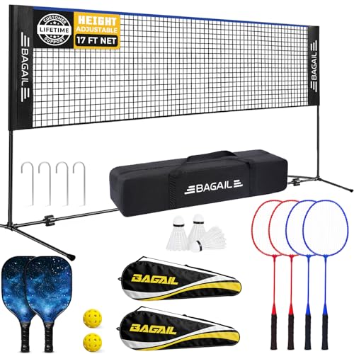 Image of BAGAIL Badminton Net, Height Adjustable Kids Volleyball Net, Foldable Nylon Net 10 ft /14ft /17ft Wide, Tennis Net, Small Pickleball Net for Backyard Game and Indoor Outdoor Use, Easy Setup