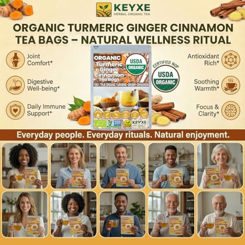 Image of USDA Organic Turmeric Ginger Cinnamon Tea Bags (50 Count) n Supports Digestion, Brain, Skin, Sleep & Joint Mobility n Eco-Conscious, Caffeine-Free & Sugar-Free Herbal Wellness Tea n Vegan, Non-GMO Natural Root Blend