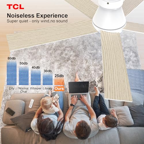 Image of TCL 52 inch Modern Ceiling Fan with Lights, 5 Blades, 6 Speeds DC Reversible, Dimmable, White Flush Mount for Bedroom, Living Room and Garage