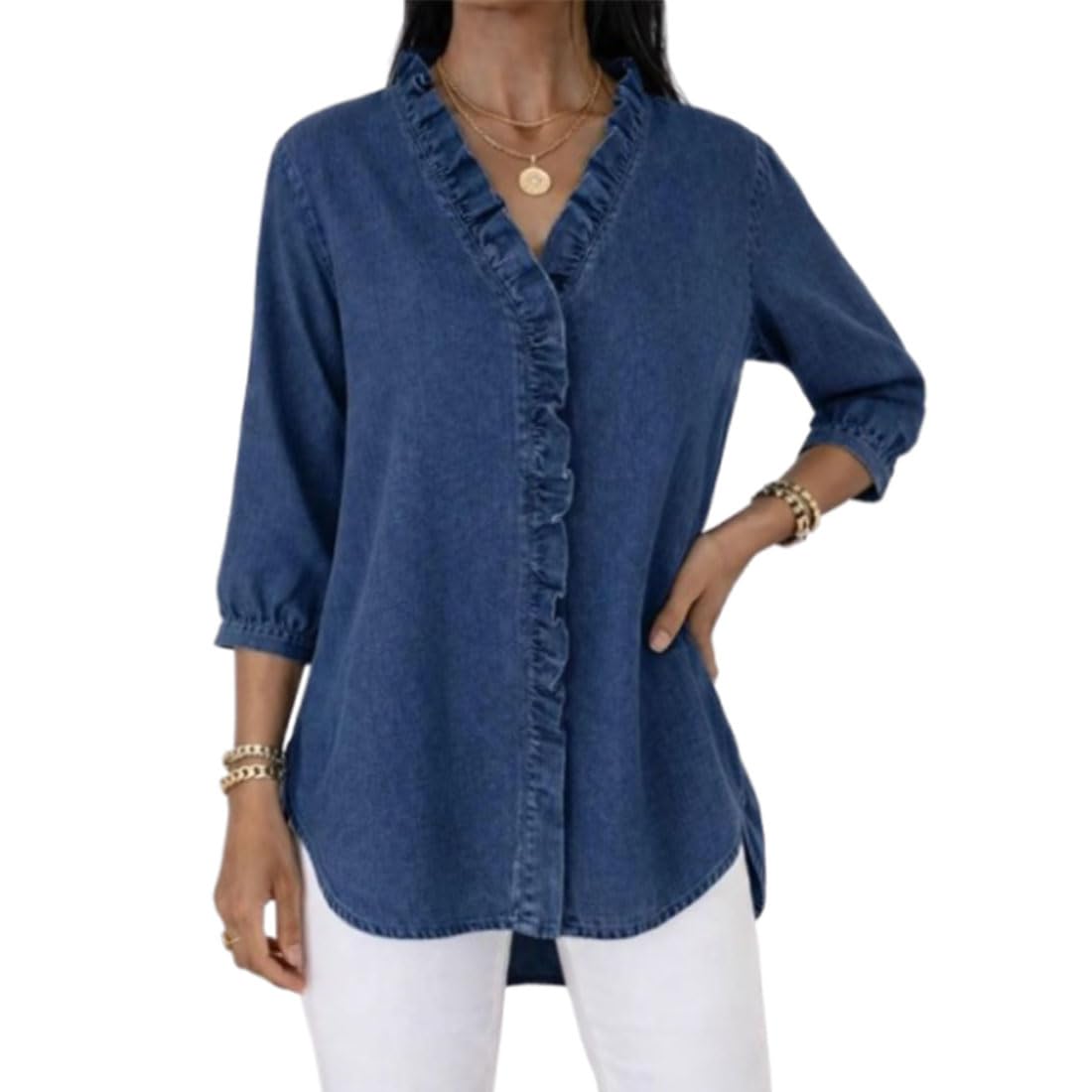 Camisa Vaquera con Volantes y Cuello V, Manga 3/4 Suave con Dobladillo Asimétrico para Primavera