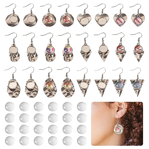 FASHEWELRY 54Pcs Stainless Steel Earring Bezel Trays Blank Geometry Rhombus Teardrop Stud Earrings with 12mm Round Glass Cabochons for DIY Jewelry Making