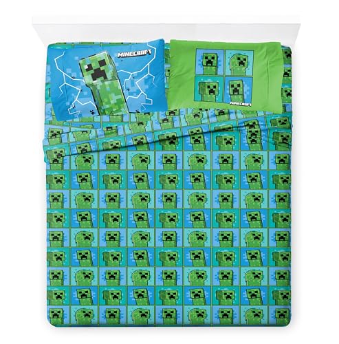 Image of Minecraft Creeper Queen Comforter Set 7 Piece Kids Bedding for Boys, Green | Zombie Enderman, Bed in a Bag, Comforter Sheets Shams Pillowcases, Soft Microfiber, Machine Washable, Boys Gift