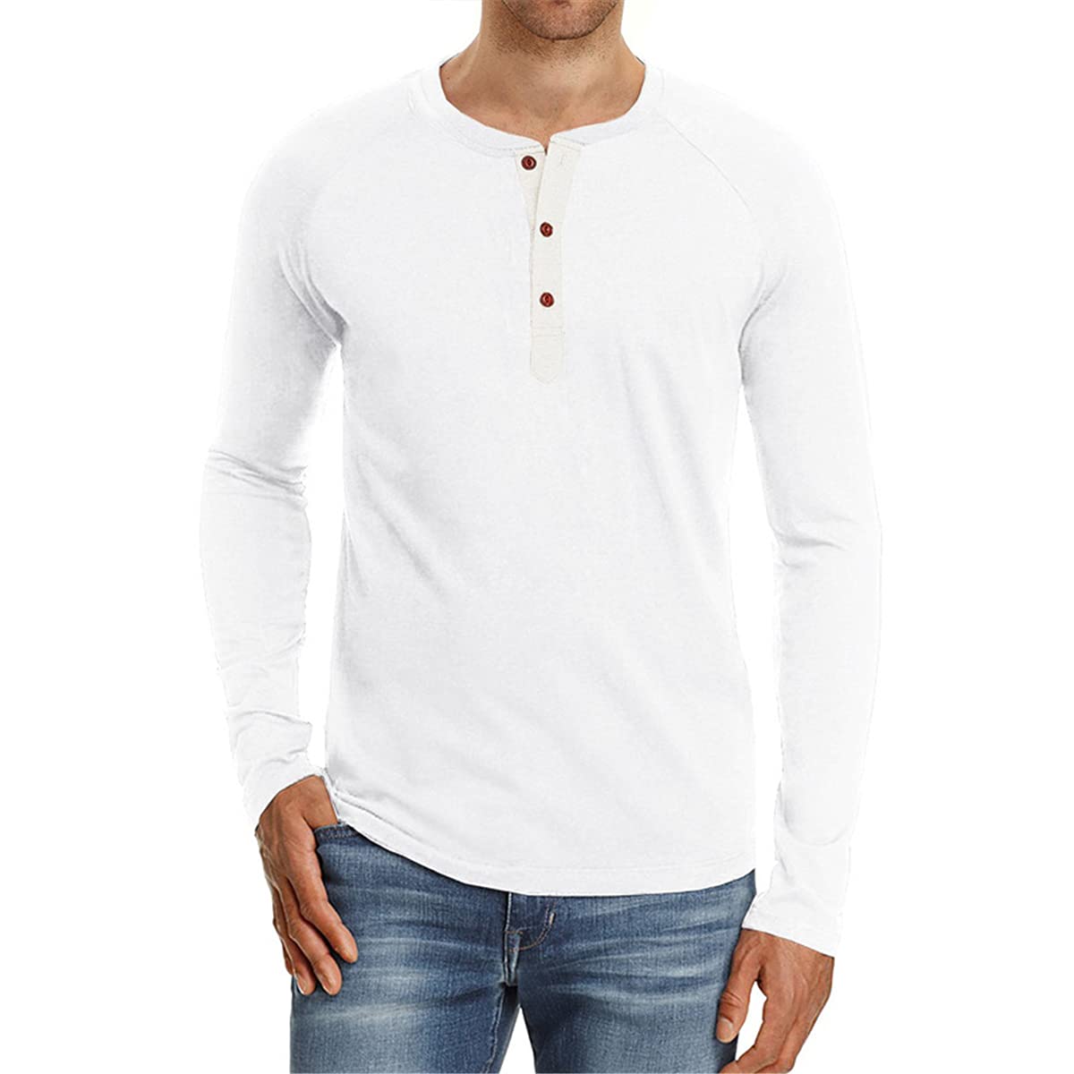 Cabeen Men's Long-Sleeved Henley Shirt Button Placket Cotton with Grandad Neck