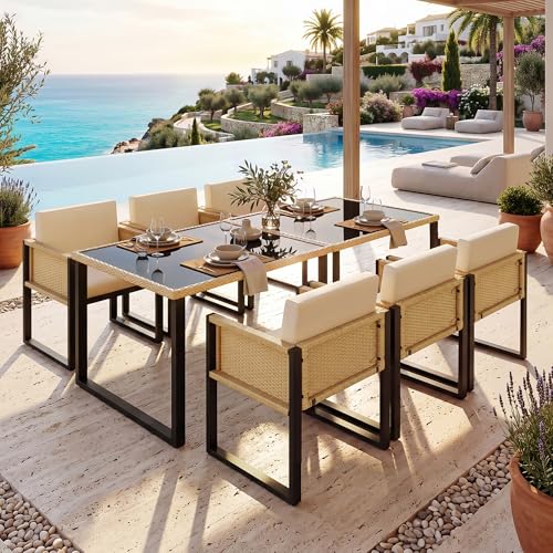 Zepneiy Mobilier de Jardin extérieur, Ensemble Table à Manger et chaises de Jardin en polyrotin pour 6 Personnes avec fauteuils, Housse en Tissu Amovible et...