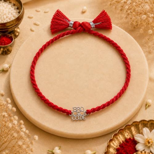 Image of MAIRA 925 Sterling Silver Premium Designer Bracelet Rakhi for Brother | Handmade Raksha Bandhan Sacred Thread with Silver-Tone Geometric Charm & Adjustable Red Braided Cord | Traditional Festival Rakhi Gift (FLOWER)