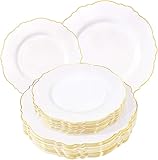 WDF 60pcs White and Gold Plastic Plates - Baroque White With Gold of 30 Heavy Duty Gold dinner plates 10.25inch, 30 Salad Plates 7.5inch Perfect for Wedding/Baby Shower/Spring