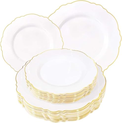 WDF 60pcs White and Gold Plastic Plates - Baroque White With Gold of 30 Heavy Duty Gold dinner plates 10.25inch, 30 Salad Plates 7.5inch Perfect for Wedding/Baby Shower/Spring