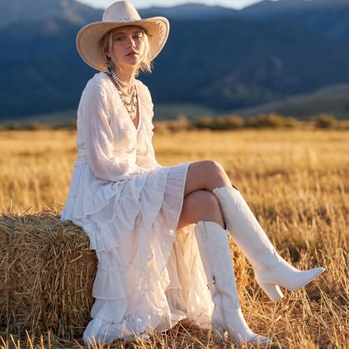 Image of Knee High Cowboy Boots for Women, Comfortable and Fashion | Classic Western Style, Stable Chunky Heel, Side Zipper, Pointed Toe, Non-slip Sole, Versastile Concert Party Rodeo Boots