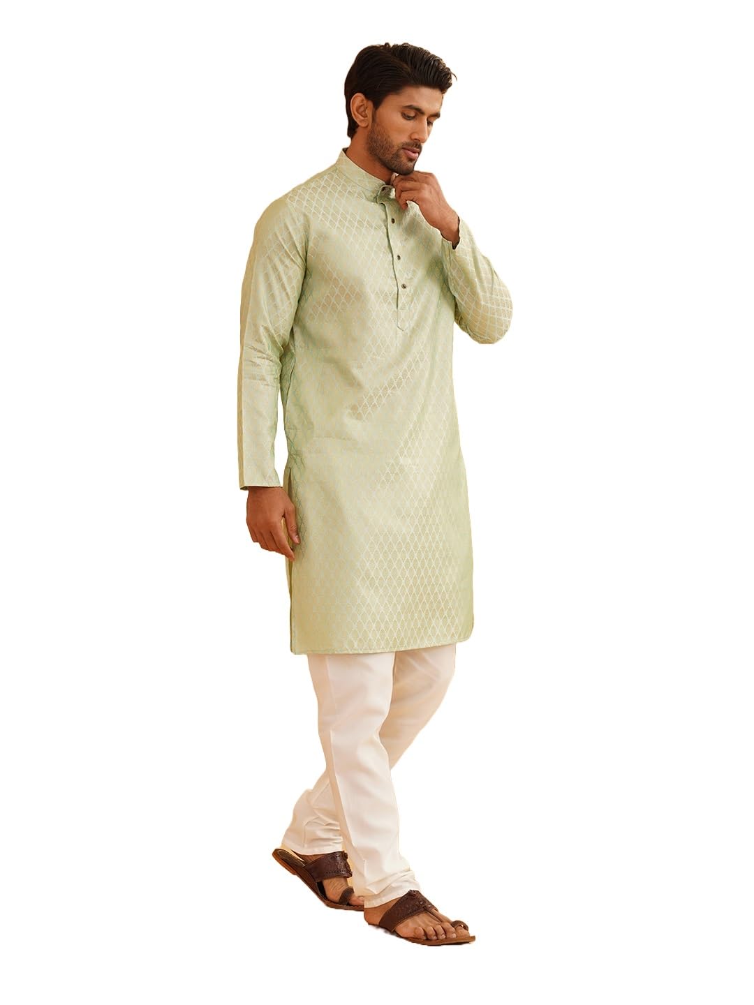 sojanya (Since 1958 Men's Jacq Silk Pista Green Self design Kurta & Off-White Churidar Pyjama Set Size 36-picture-14