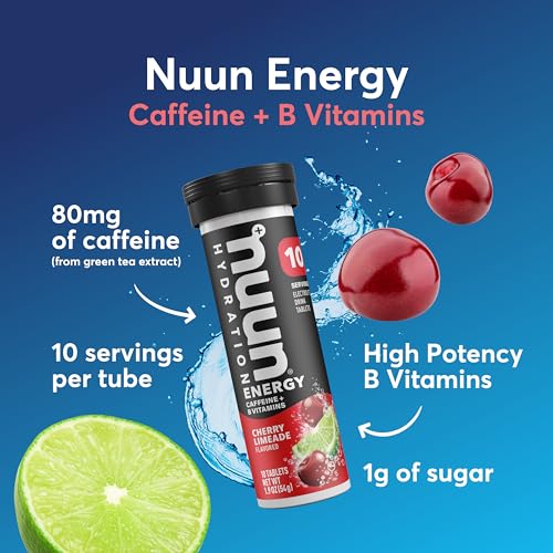 Image of Nuun Energy Caffeine + B Vitamins, Electrolyte Hydration Tablets with Caffeine from Green Tea Extract, Magnesium & 4 Other Electrolytes, Gluten Free, Vegan, Cherry Limeade, 8 Pack (80 Servings Total)