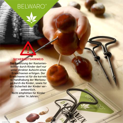 Belwaro® Kastanienbohrer, 6-teiliges Set NEU* mit Aufbewahrungsbox, gehärteten Spitzen - 1-6 mm Kastanienbohrer Kinder, Handbohrer Kinder, Handbohrer Holz, Kastanien Bastelset