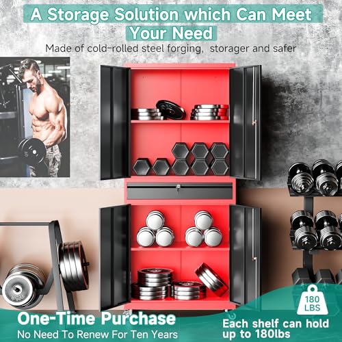Image of SISESOL Metal Storage Cabinet with Wheels and Drawer,Rolling Garage Storage Cabinet with Lock,Black Red Metal Cabinets with Wheel,73 inch Mobile Tall Tool Cabinets on Wheel for Home,Office,Garage,Shop