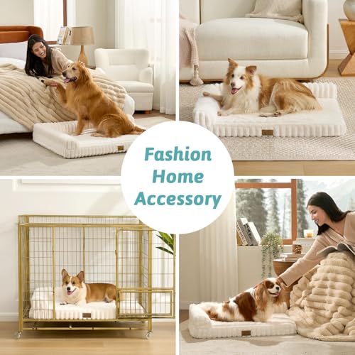 COZY KISS Waschbarer Hundebett für Grosse Hunde, 112x81x18cm Wasserdichtes Hundesofa, Orthopädisches und Abnehmbarer Cordbezug XL Hundecouch, Weich Kunstfell Hundekorb, Wärmend, L Form, Beige