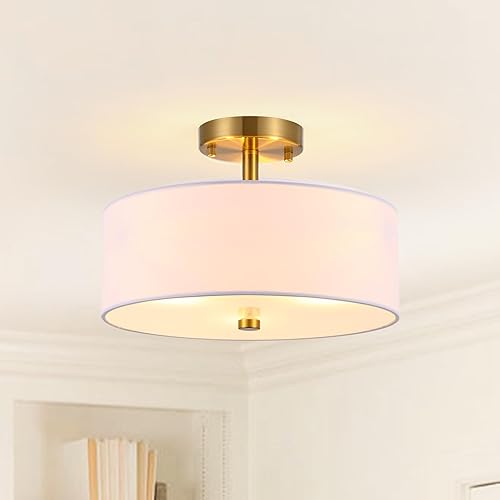 Miniatura 9 de Ludil Lámpara de techo semiempotrada de 3 luces, lámpara de techo de 13 pulgadas, lámpara de techo moderna de metal dorado con pantalla de tela