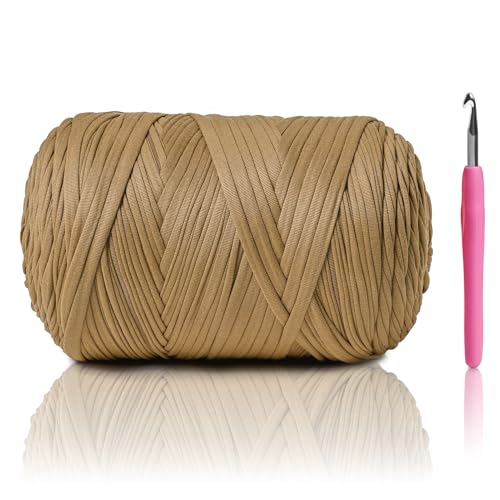 Image of 800g（228yds） Tshirt Yarn for Crocheting，Chunky T-Shirt Yarn for Beginner Crochet Bags，Baskets，Coasters，Shoes，Clothes，DIY Crafts, Elastic Fabric Thick Hand Knitting Crochet Yarns (Deep Khaki)