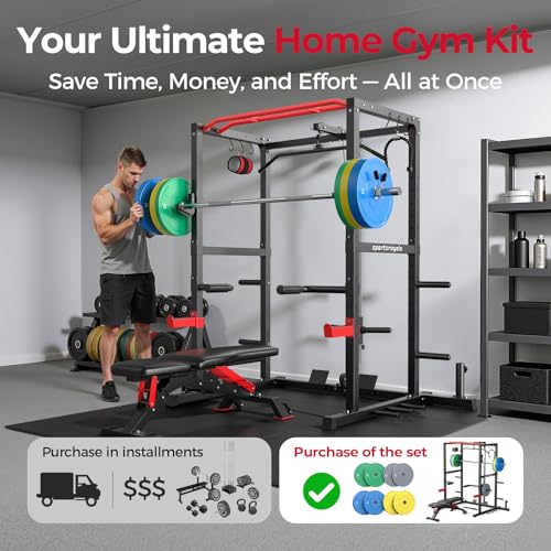 Image of SPORTSROYALS Power Rack, Multi-Functional Power Cage, Squat Rack with Pulley System & LAT Pull Down, Workout Cage with J Hooks for Home Gym