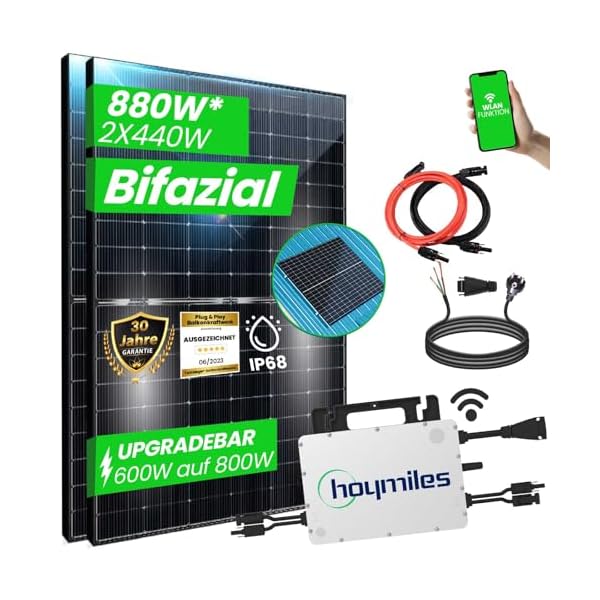 EPP.Solar® 880W Balkonkraftwerk 800W komplett Steckdose - Balkonkraftwerk 800 Watt HMS Wechselrichter 800W, 2x440W Bifaziale Glas/Glas Solarmodule im Solaranlage Komplettset inkl. Blechdach