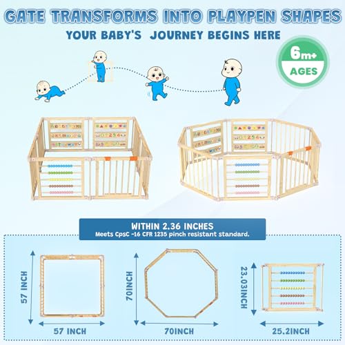 Image of Foldable Wooden Baby Playpen with Gate, Wood Baby Play Pen Play Yard with Educational Abacus, Alphabet Board, Shape Color Board & Child Proof Lock, Wood Playpen for Babies and Toddlers 57×57×23 inch