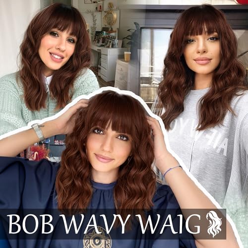 Image of AISI HAIR Synthetic Wavy Curly Bob Wig with Bangs Dark Roots with Chestnut Brown Short Hair Wigs for Women Synthetic Heat Resistant Bob Wigs