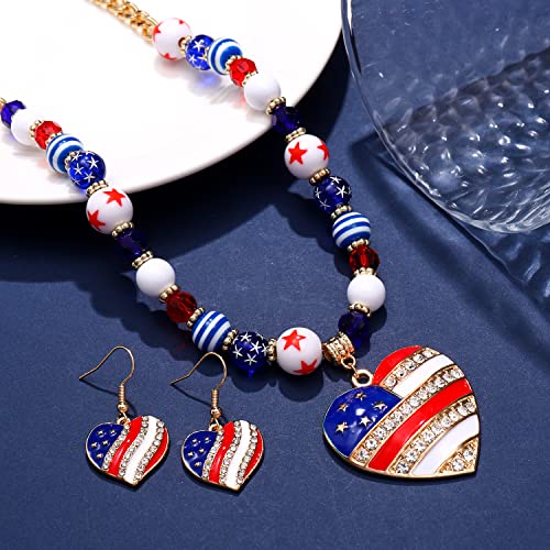 4Th Of July Jewelry Sets Decorations American Flag Star Pendant Necklace And Bracelet For Women, Patriotic Rhinestone Star Heart Drop Earrings, Colorful Beaded Stretch Bracelet, Independence Day Decorations Holiday Gift #TOP2