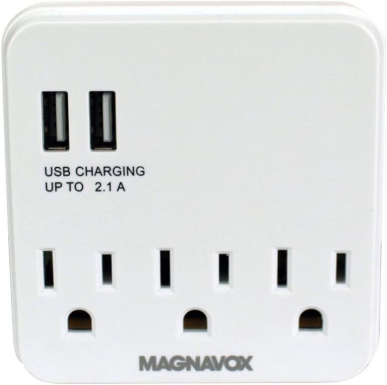 Magnavox Desk Top 2 USB Ports and 3 Wall Outlets Multi-Functional Wall Outlet Surge Protector Charging Port