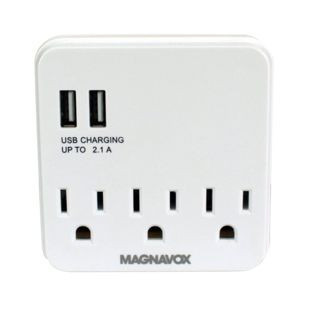 Magnavox Desk Top 2 USB Ports and 3 Wall Outlets Multi-Functional Wall Outlet Surge Protector Charging Port